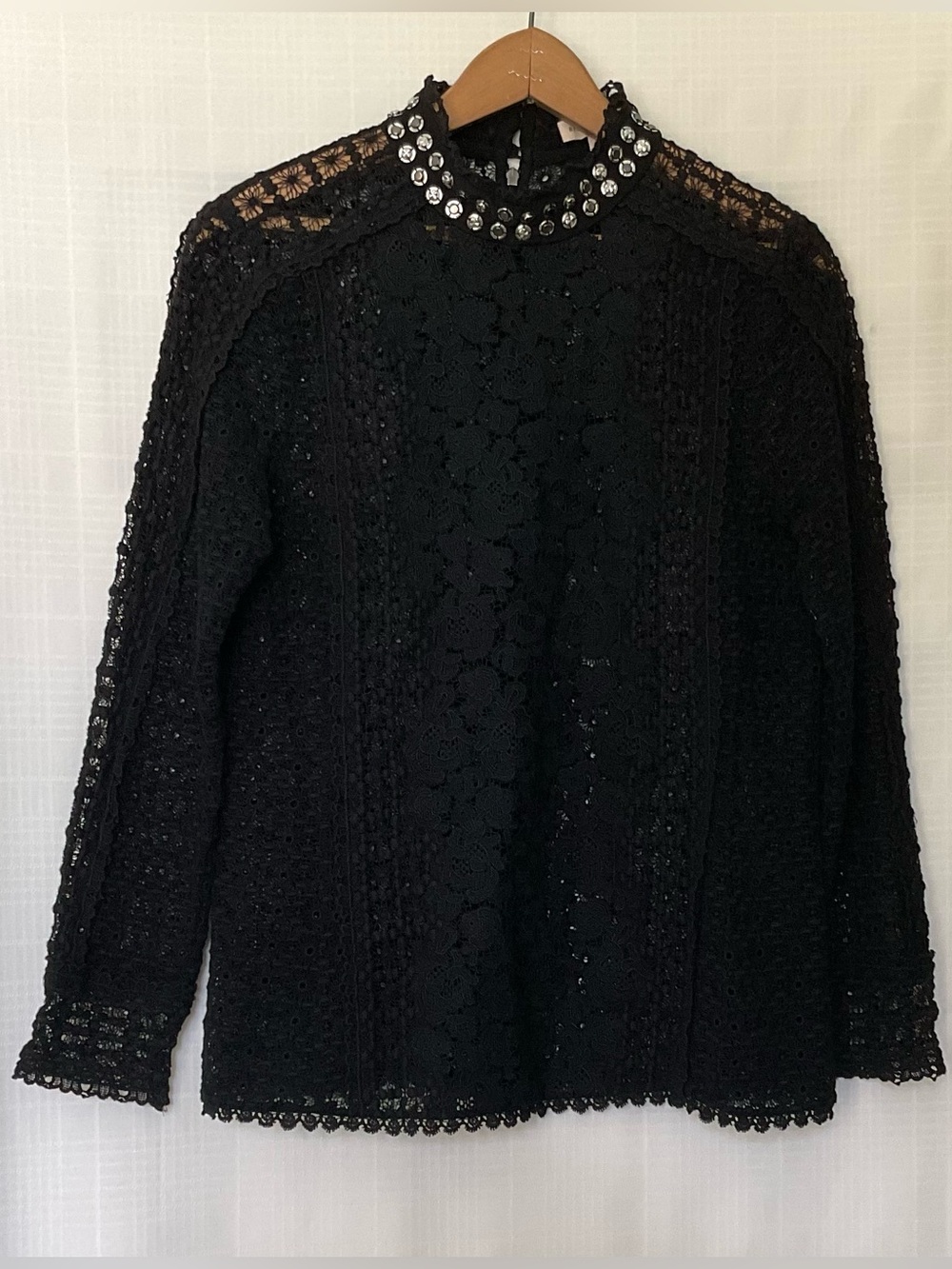 Rebecca Taylor Black Lace Jeweled Mock Neck Top
